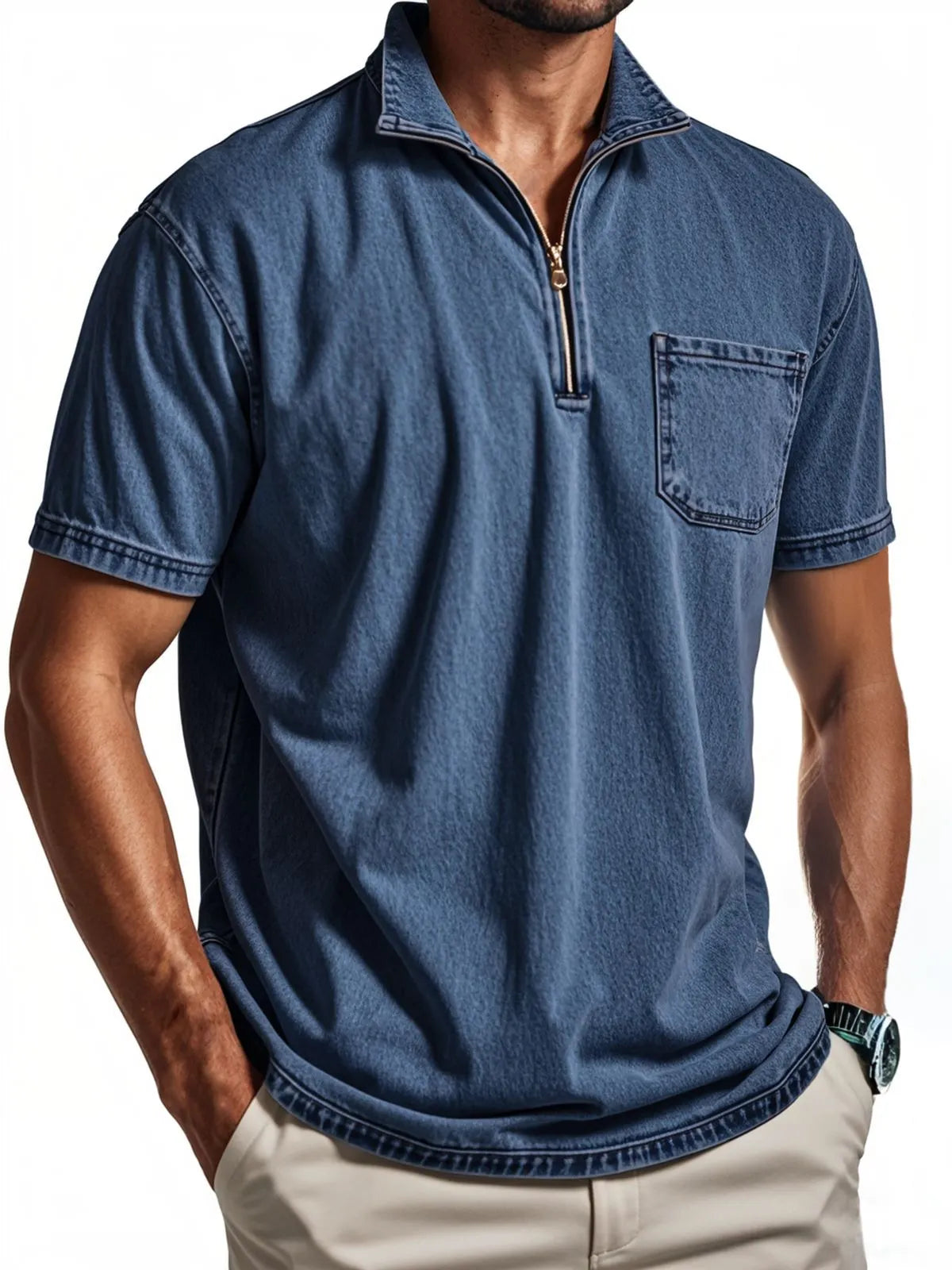 Men's Vintage Distressed Quarter Zip Polo Shirt With Chest Pocket