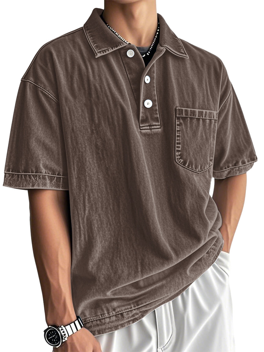 Men's Washed And Distressed Cotton Vintage Casual Polo Shirt