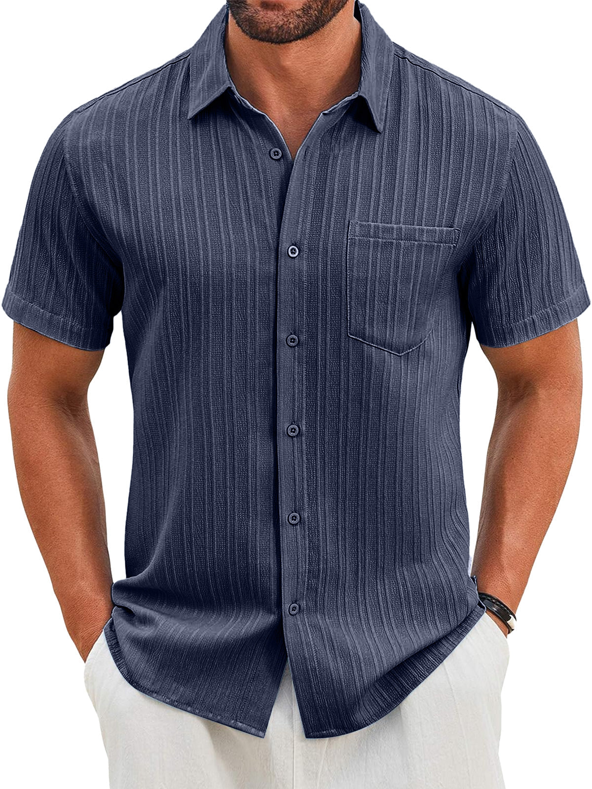 Men's Casual Vertical Striped Textured Lapel Solid Color Short-sleeved Shirt