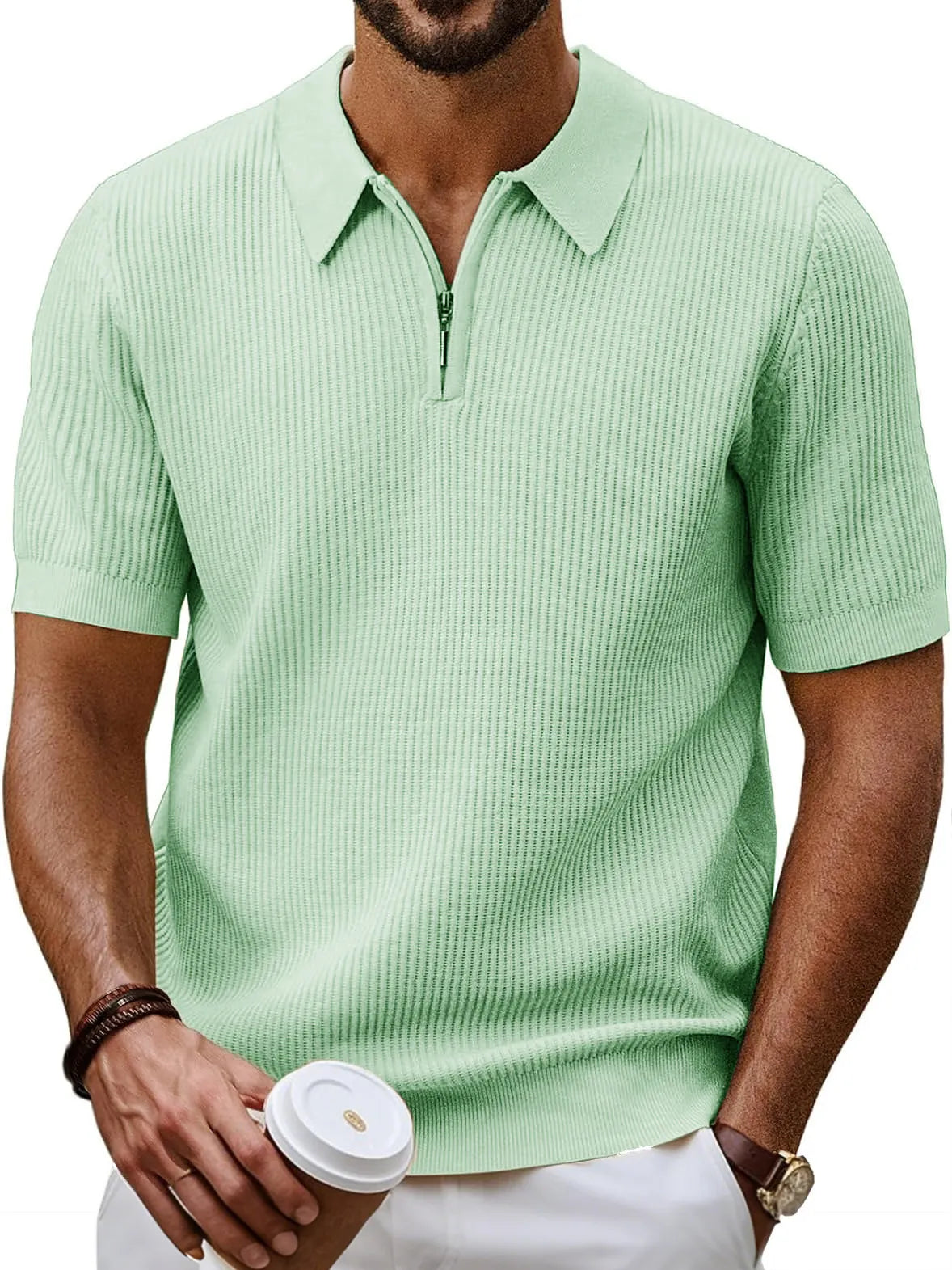 Men's Fashion Daily Casual Ripstop Fabric Zipper Short-sleeved Polo Shirt