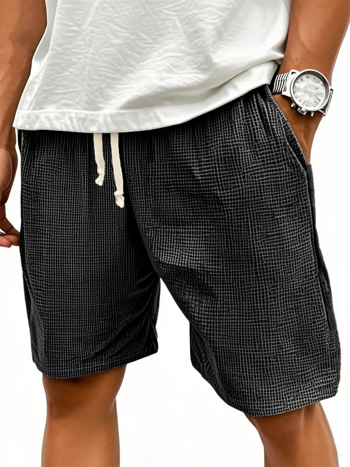 Men's Comfortable Waffle Texture Lace-up Stylish Casual Loose Shorts