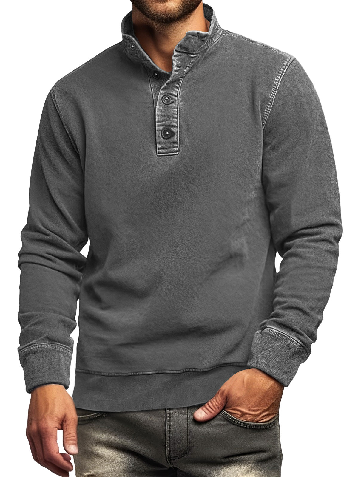 Men's Retro Casual Stand Collar Button Solid Color Sweatshirt