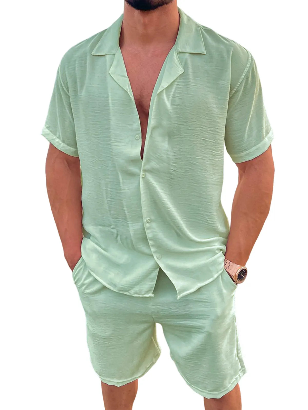 Men's Linen Camp Set Vacation Leisure Short Sleeve and Shorts Two-piece Suit