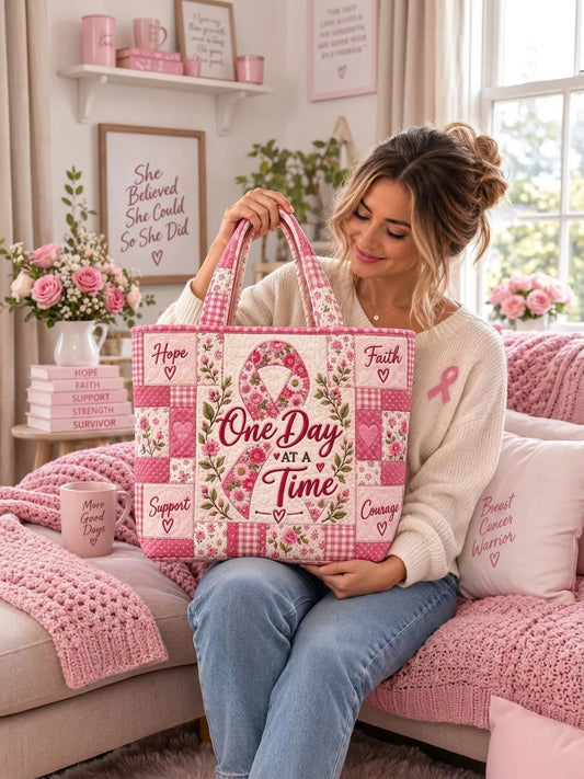 Pink Ribbon Breast Cancer Floral Patchwork Quilted Tote Bag