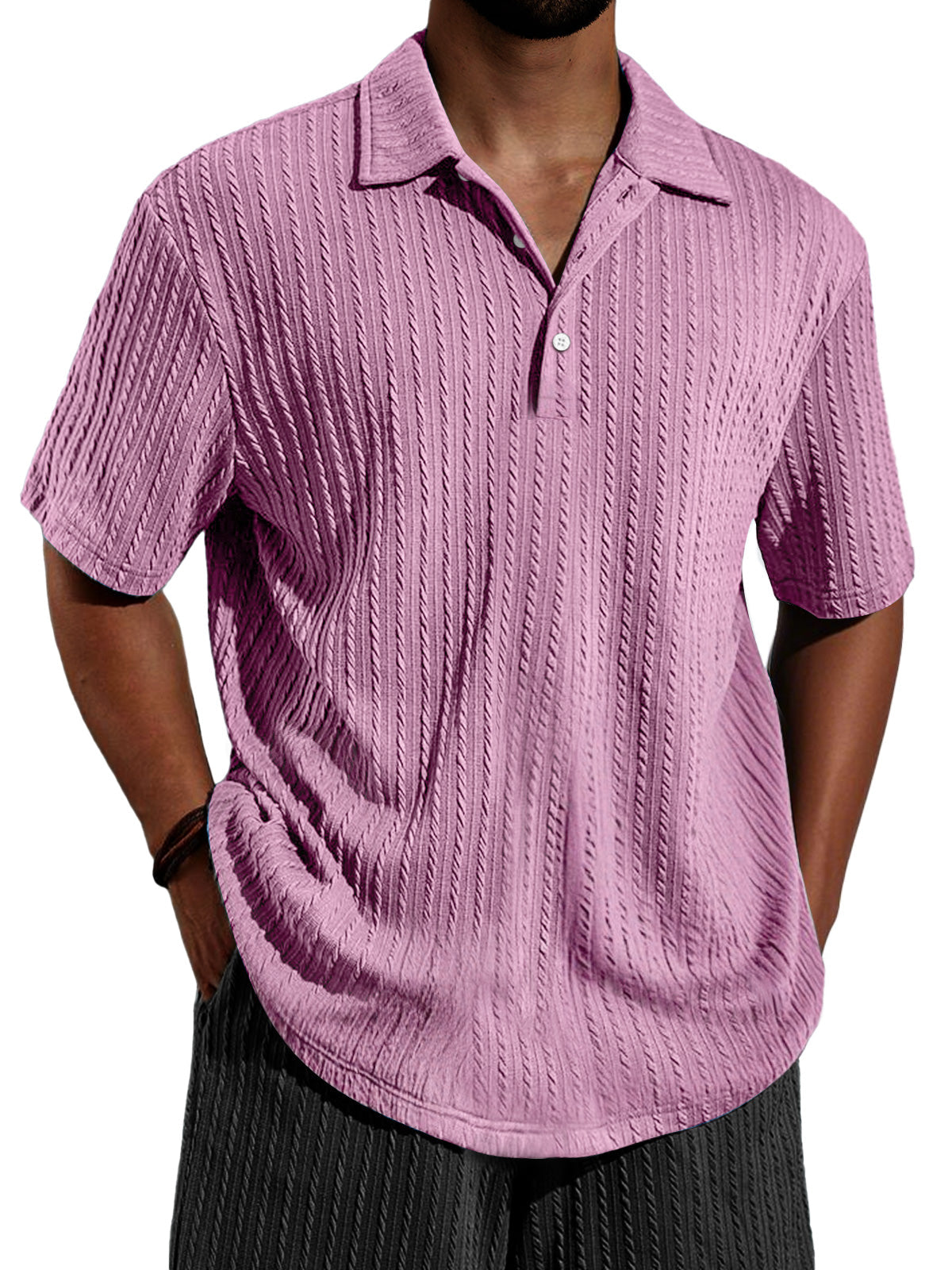 Men's Daily Jacquard Texture Casual Lapel Button Short-sleeved Polo Shirt