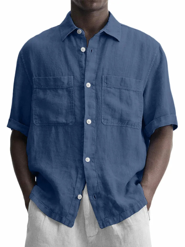 Men's Cotton And Linen Double Pocket Classic Casual Versatile Short-sleeved Shirt