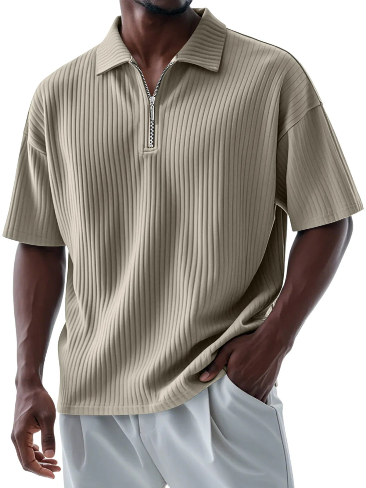 Men's Casual Daily Pitted Lapel Zipper Short-sleeved Polo Shirt