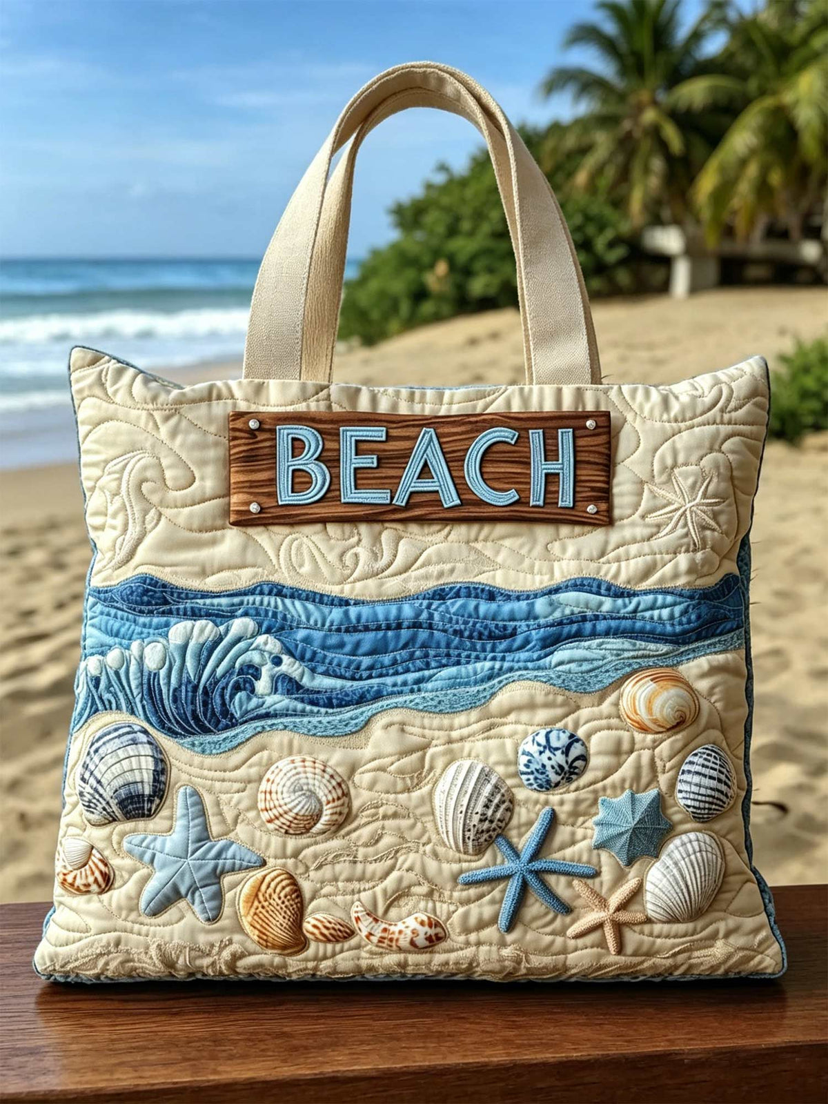 Beach Resort Seashell And Wave Pattern Quilted Tote Bag