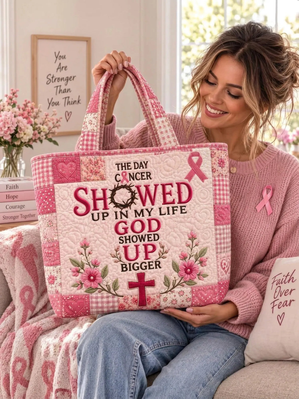 God Showed Up Bigger Pink Ribbon Cross Floral Patchwork Quilted Tote Bag