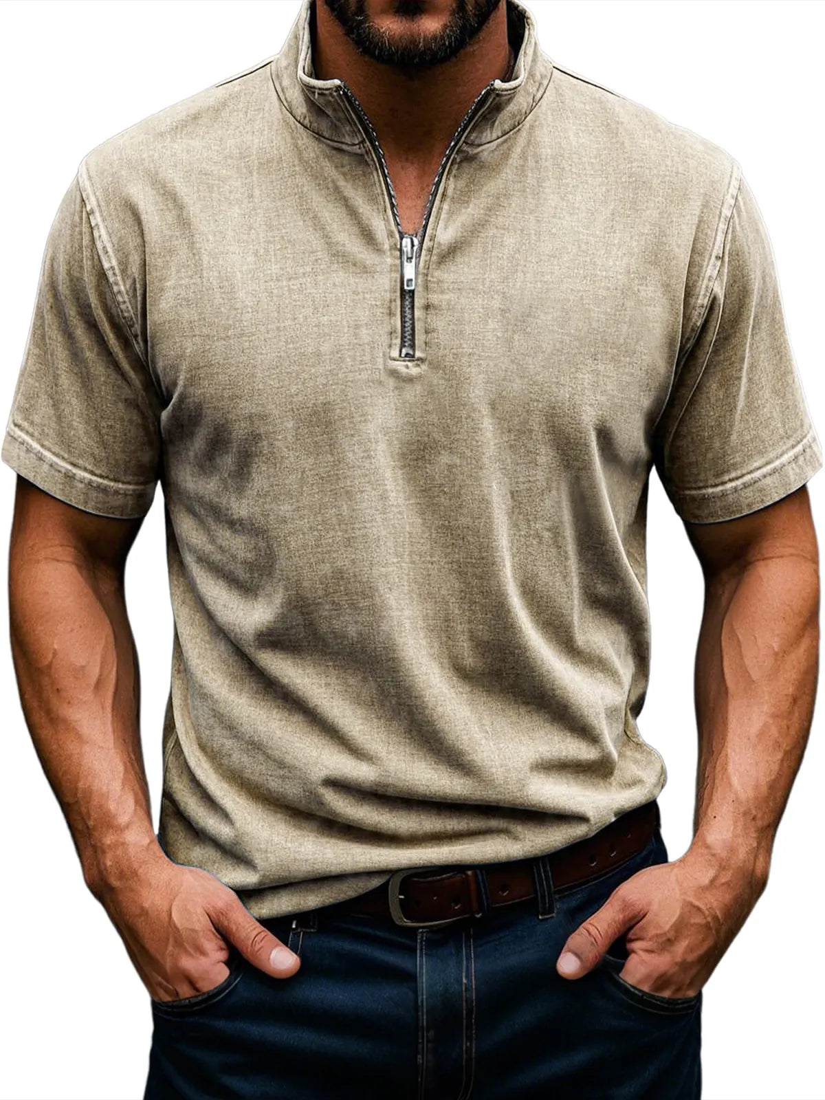 Men's Retro Stand Collar Zipper Casual Solid Color Short Sleeve T-Shirt