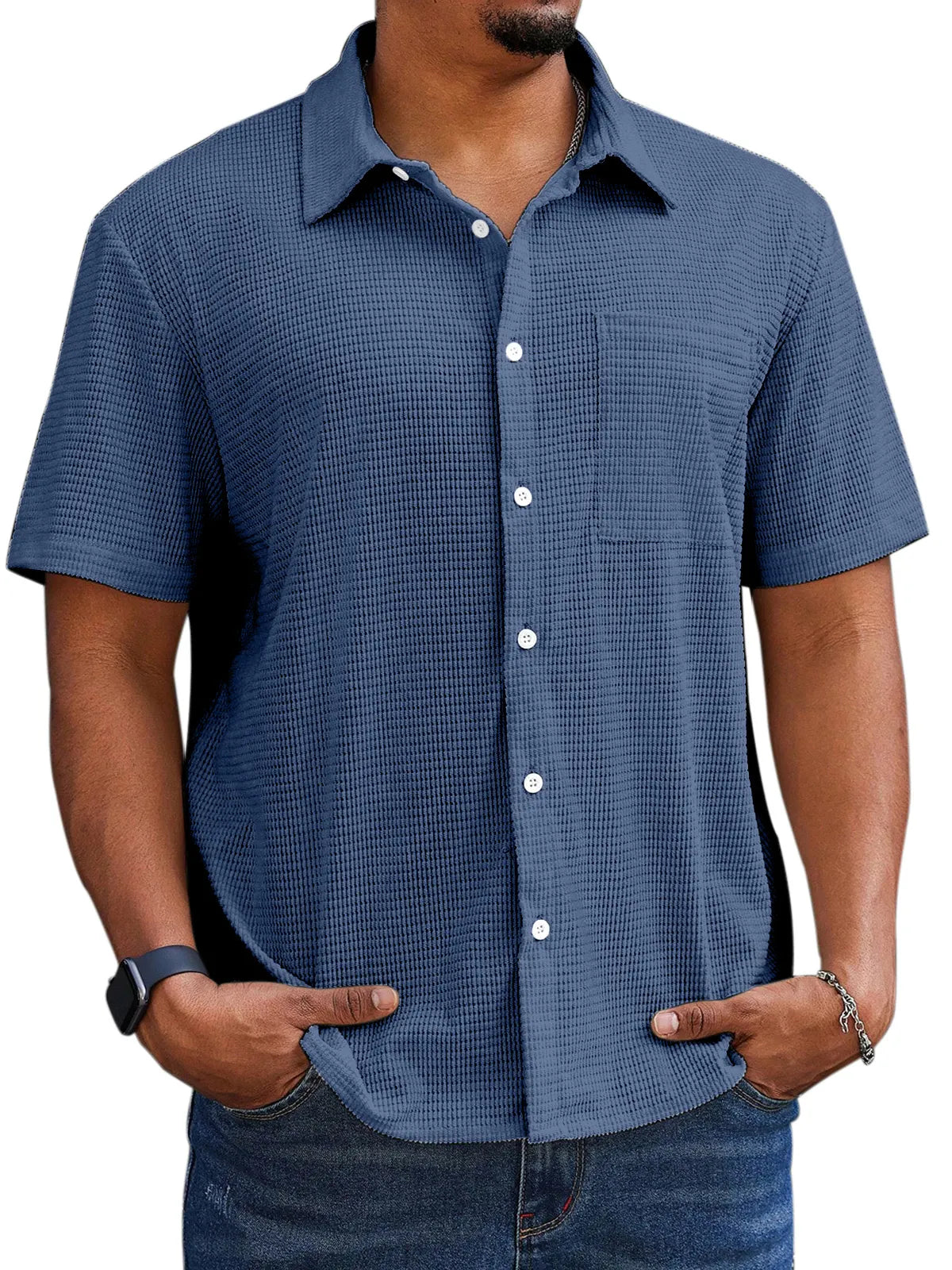 Men's Casual Simple Comfortable Waffle Short Sleeve Shirt