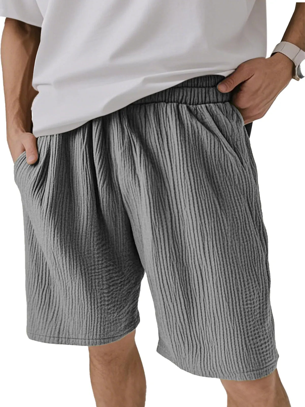 Men's Solid Color Pleated Texture Casual And Comfortable Shorts