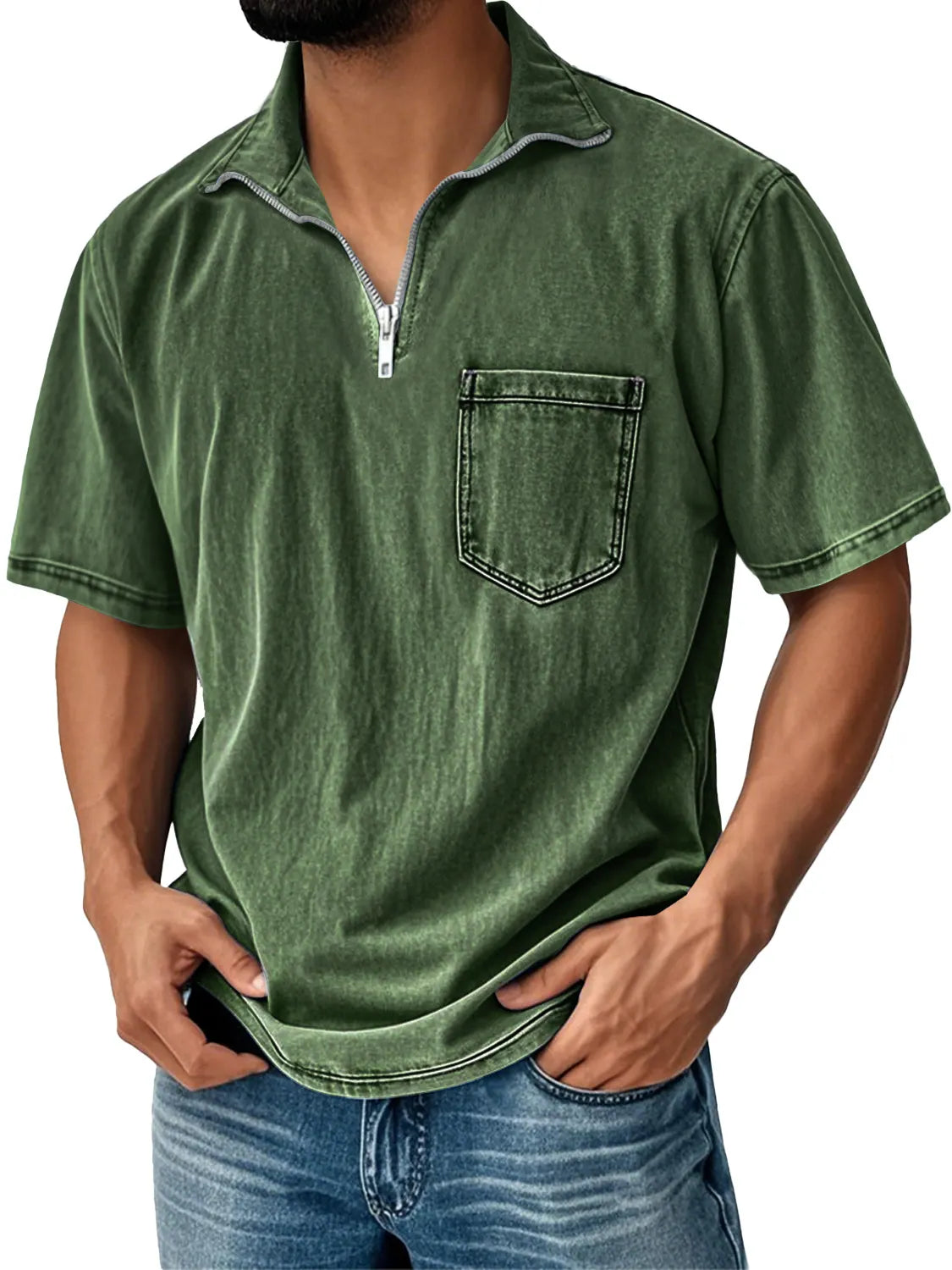 Men's Retro Daily Stand Collar Zipper Pocket Casual Short Sleeve T-shirt