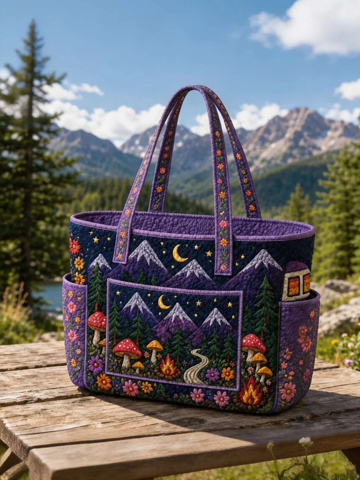 Mushroom and Forest Multiple Pockets Quilted Tote Bag