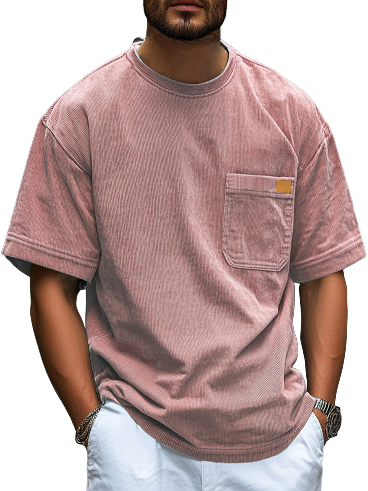 Men's Fashion Retro Corduroy Simple Embroidered Logo Pocket Casual Short-sleeved T-shirt