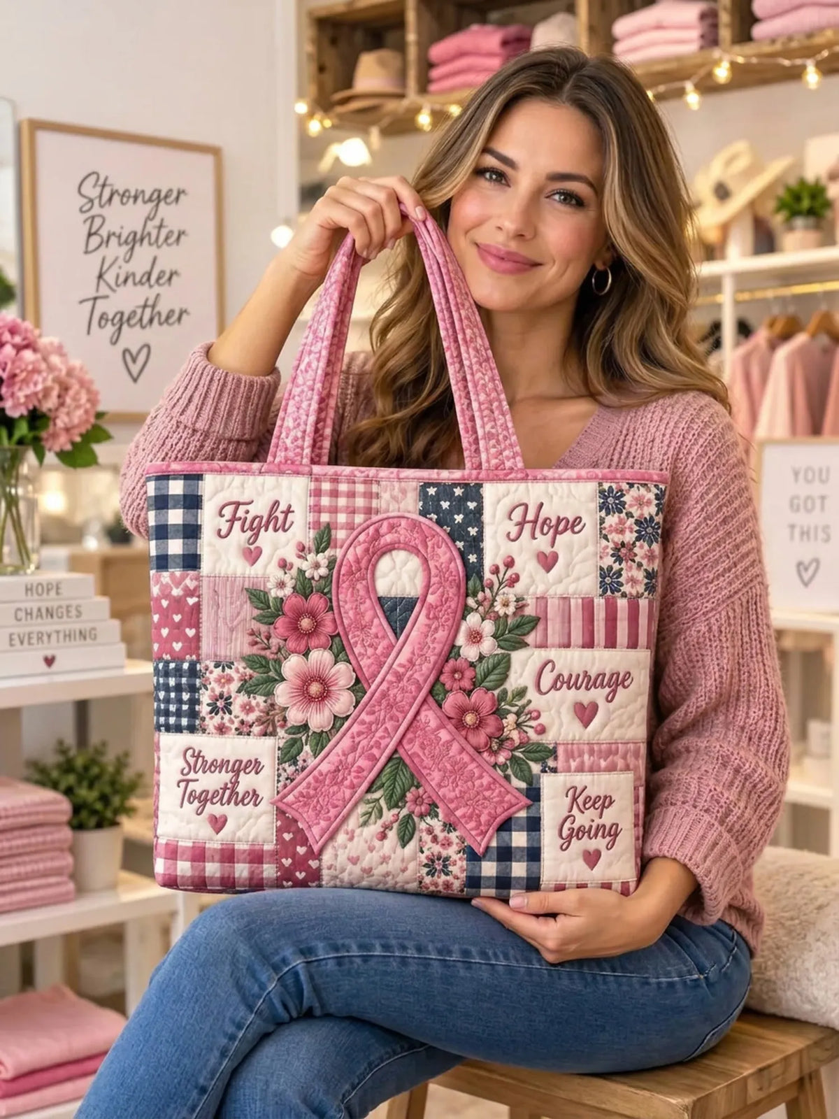 Hope Courage Pink Ribbon Patchwork Appliqué Quilted Tote Bag