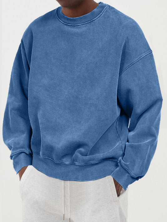 Men's Distressed Washed Cotton Round Neck Long-sleeved Sweatshirt