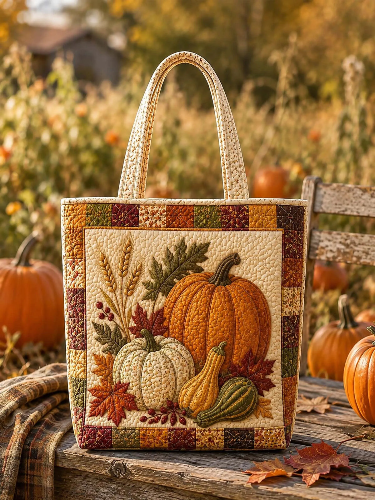 Autumn Harvest Pumpkin & Maple Leaf Patchwork Quilted Tote Bag