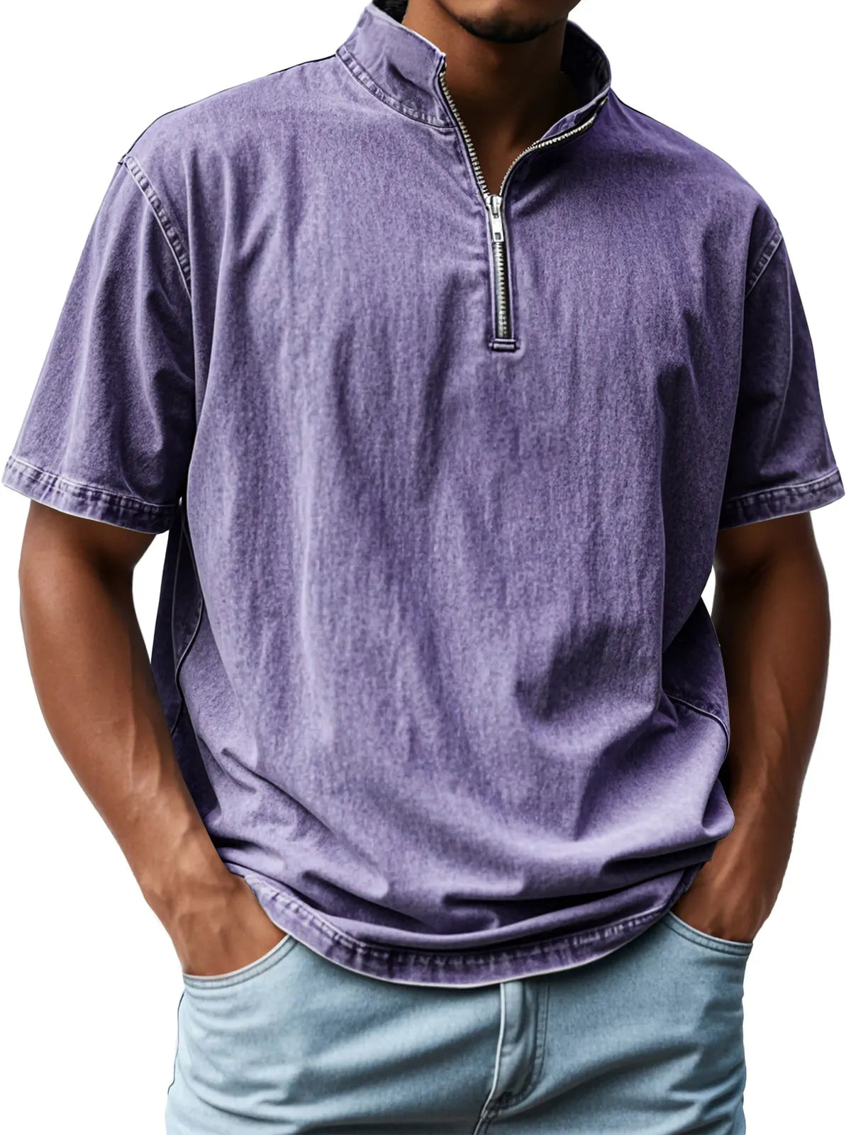 Men's Retro Stand Collar Zipper Casual Short Sleeve T-Shirt