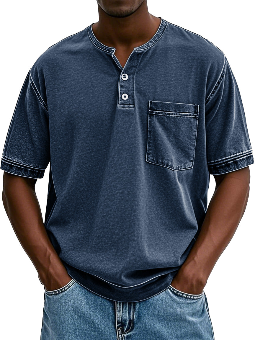 Men's Fashion Vintage Washed Pocket Short Sleeve Henley Shirt