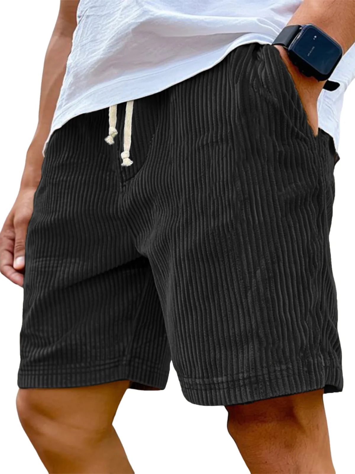 Men's Stylish Ribbed Vertical Striped Corduroy Loose Lace-up Casual Shorts