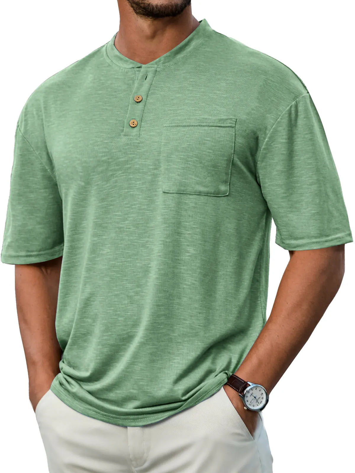 Men's Everyday Casual Stand Collar Pocket Comfort Short Sleeve Henley Shirt