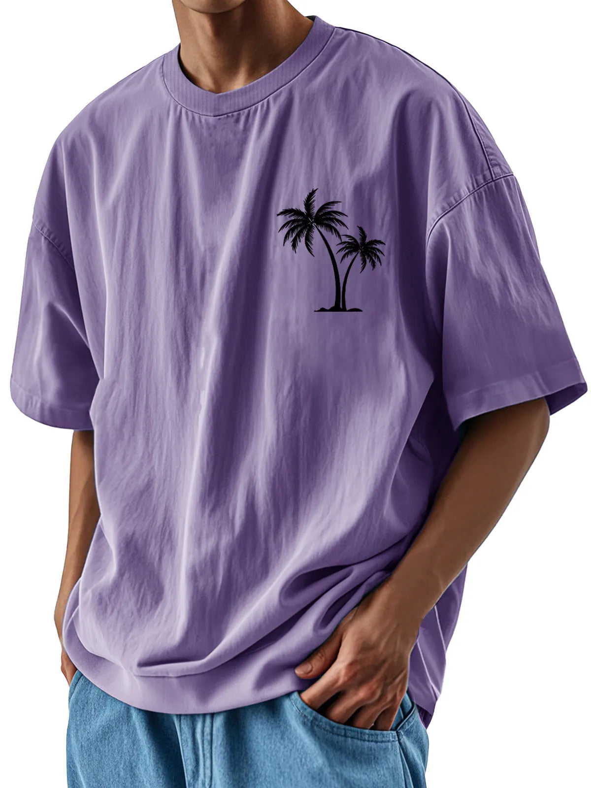 Men's Fashion Casual Loose Pocket Coconut Print Short Sleeve T-Shirt
