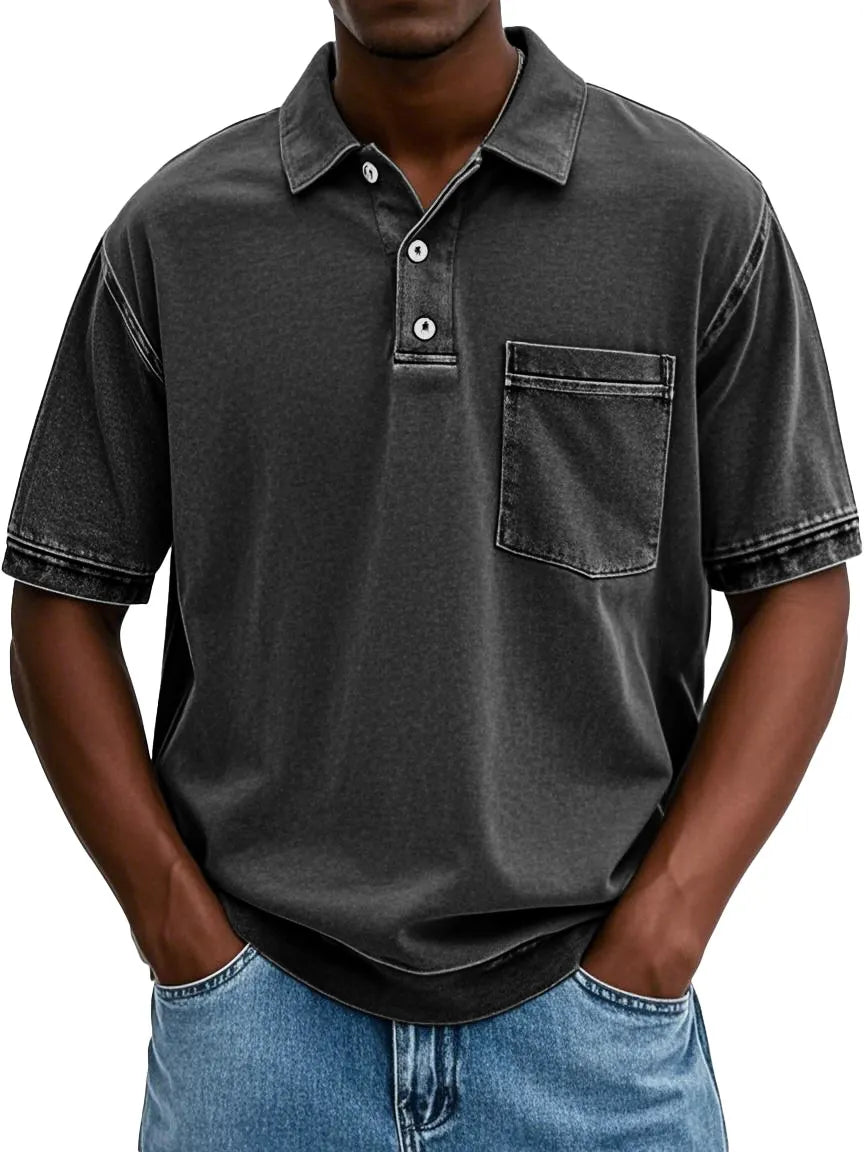 Men's Retro Distressed Lapel Short-sleeved Pocket Polo Shirt