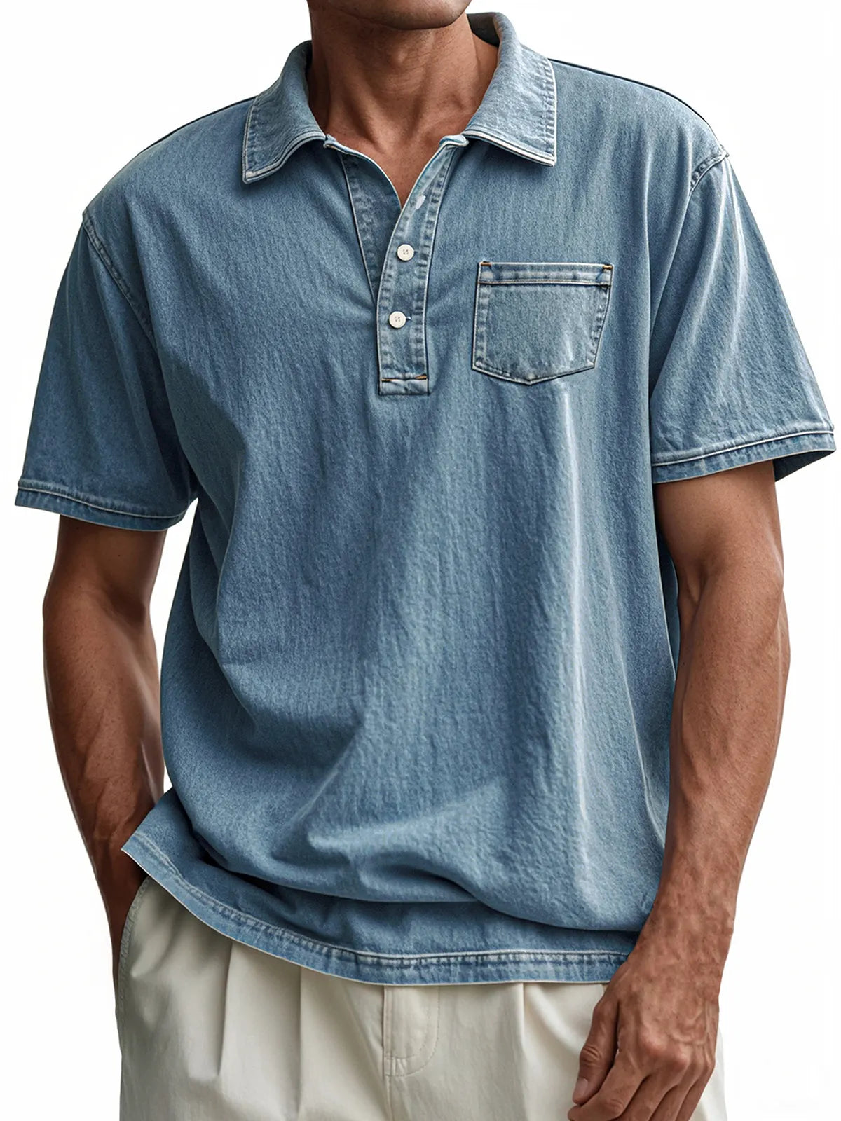 Men's Vintage Distressed Button-Down Short Sleeve POLO Shirt With Chest Pocket