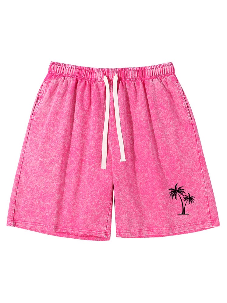 Men's Cotton Washed Water Distressed Wax Printed Pockets Palm Tree Printed Daily Shorts