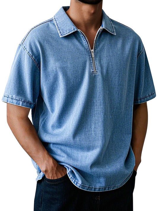 Men's Casual Retro Lapel Zipper Solid Color Short Sleeve POLO Shirt