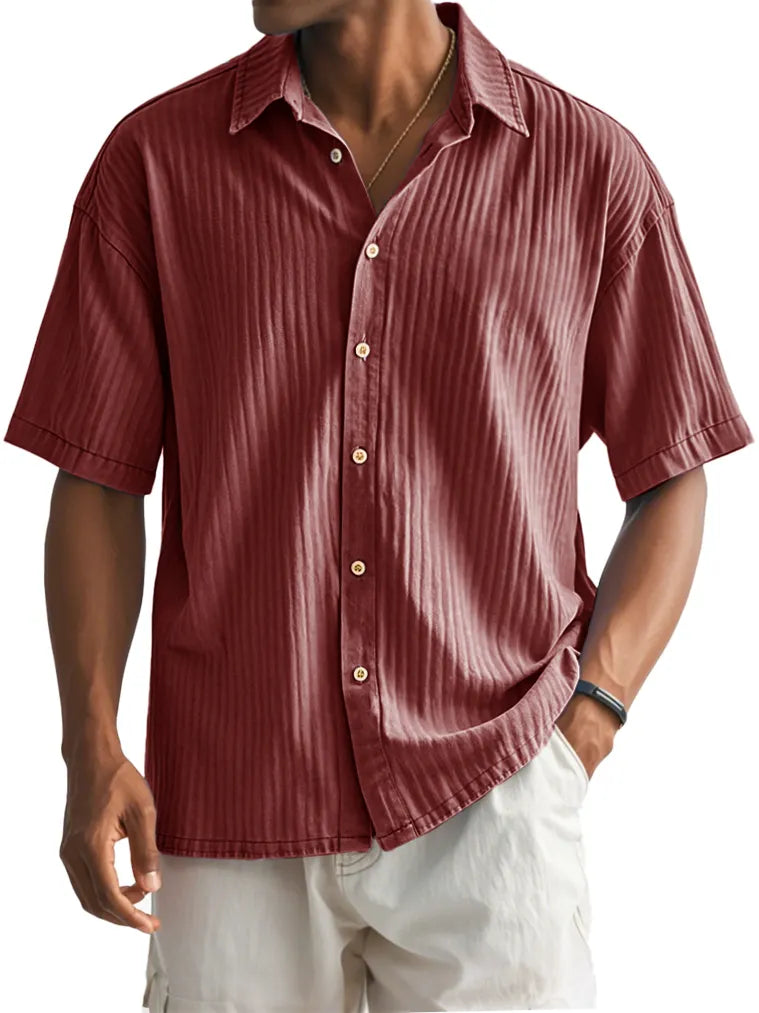Men's Fashion Casual Ribbed Fabric Short-sleeved Lapel Shirt