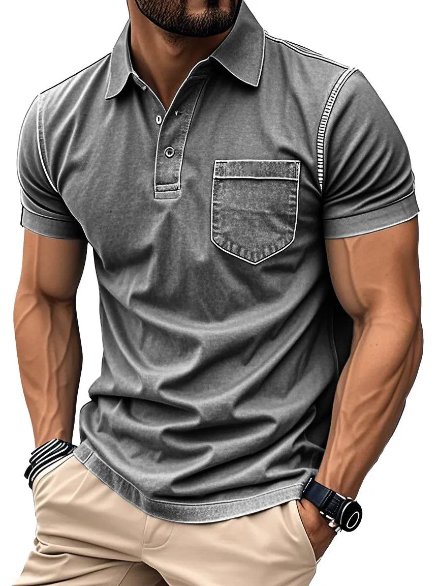 Men's Fashion Retro Distressed Lapel Short-sleeved Pocket Polo Shirt