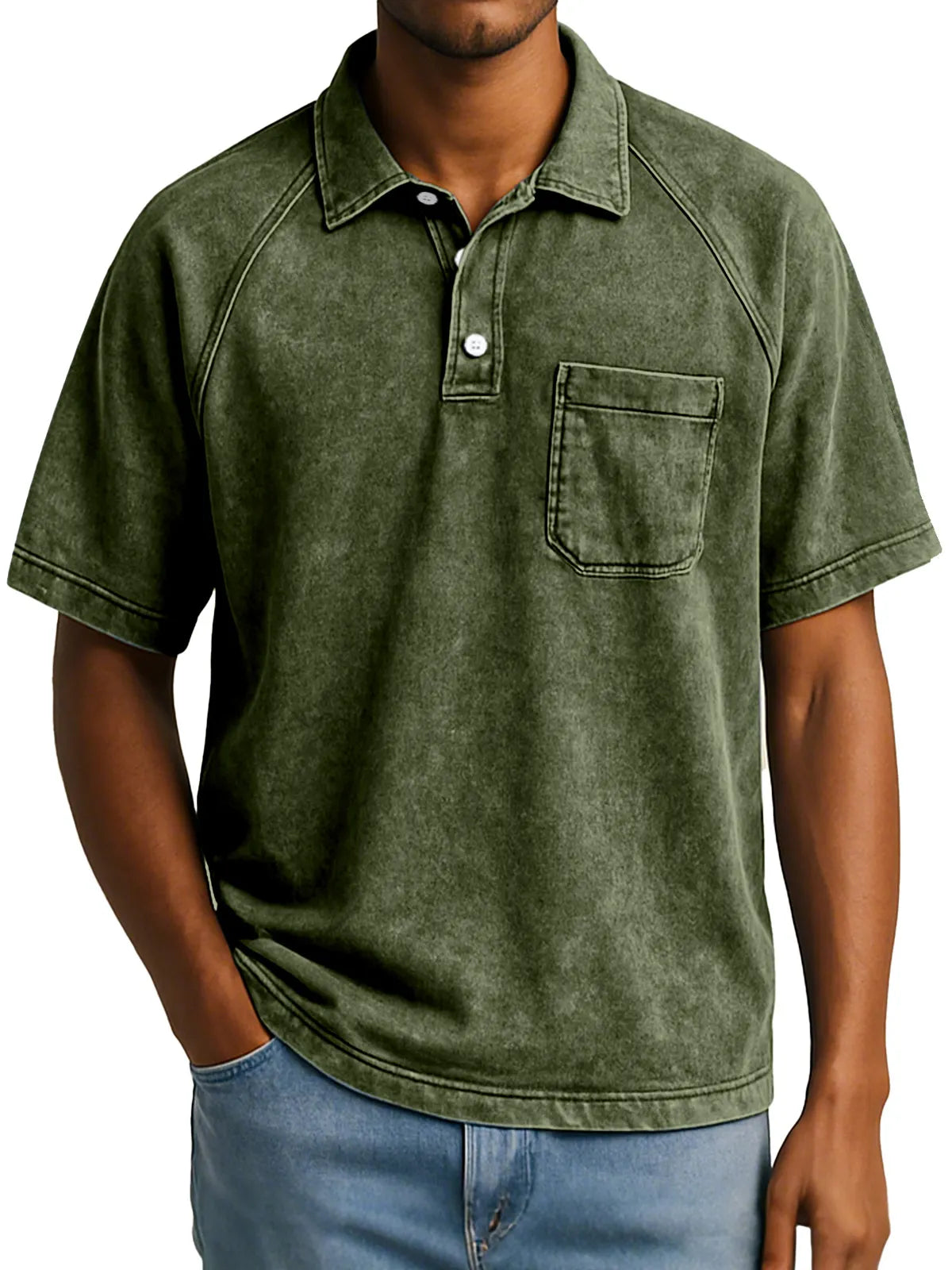 Men's Retro Casual Raglan Short Sleeve Lapel Button Up Polo Shirt