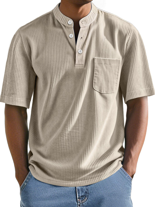 Men's Everyday Stand Collar Ribbed Pocket Comfort Short Sleeve Henley Shirt