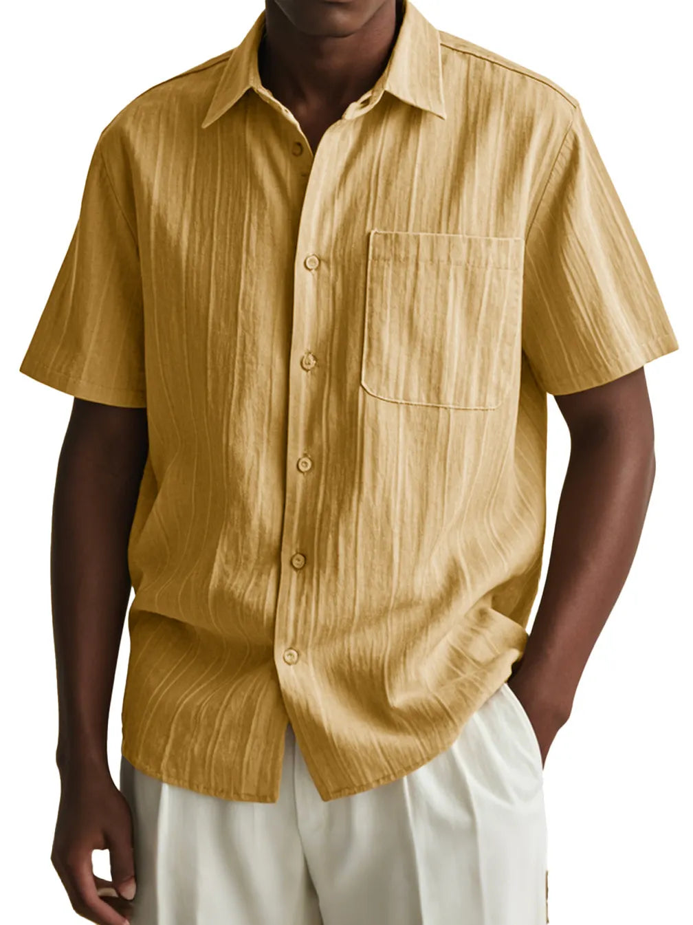 Men's Fashion Casual Pleated Fabric Short Sleeve Pocket Shirt