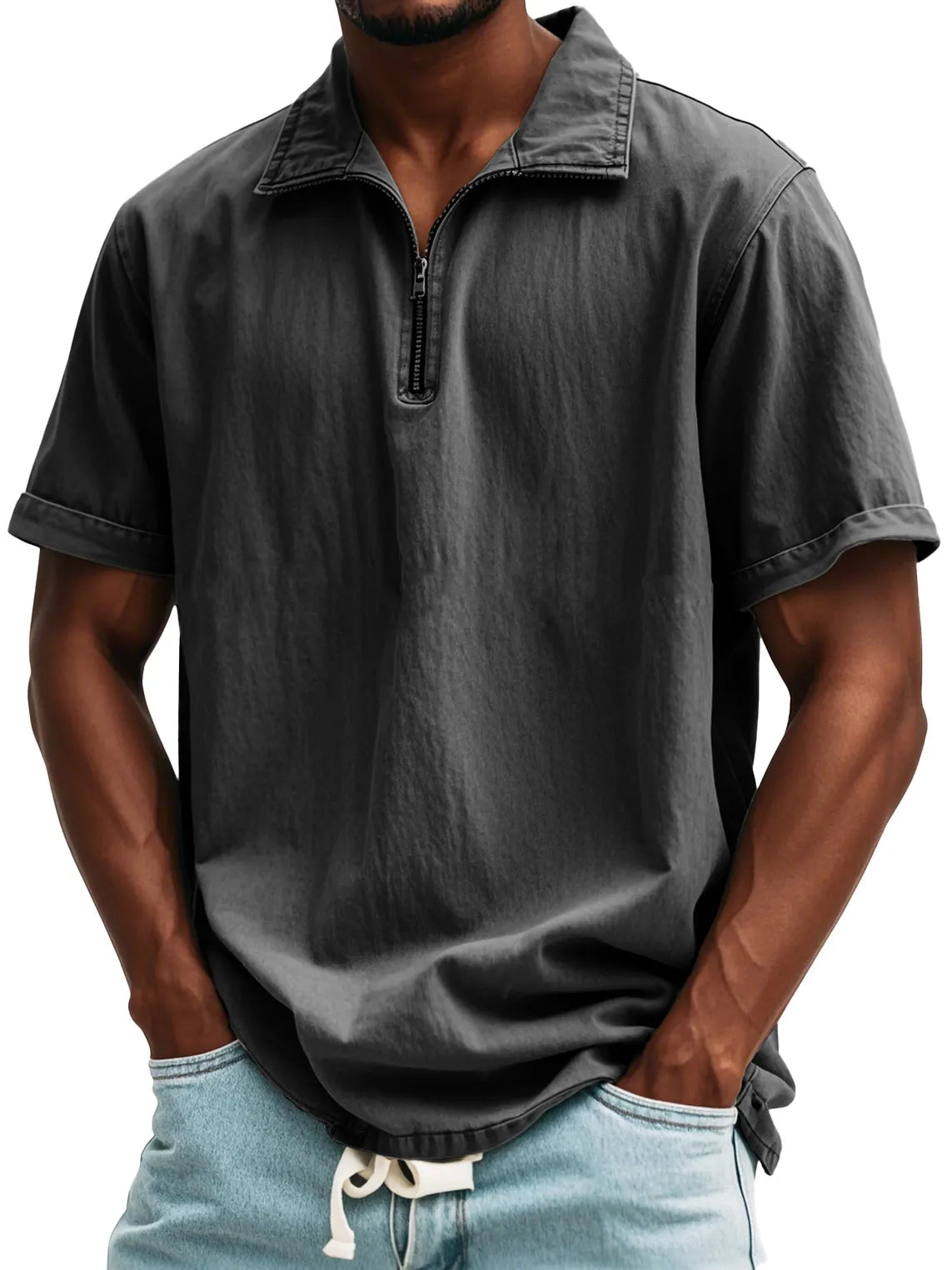 Men's Fashion Retro Zipper Stand Collar Short Sleeve Shirt