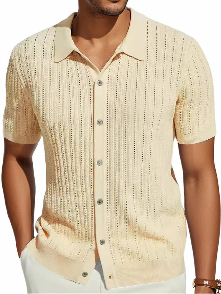 Men's Knitted Retro Fashion Striped Stretch Casual Short-sleeved Shirt