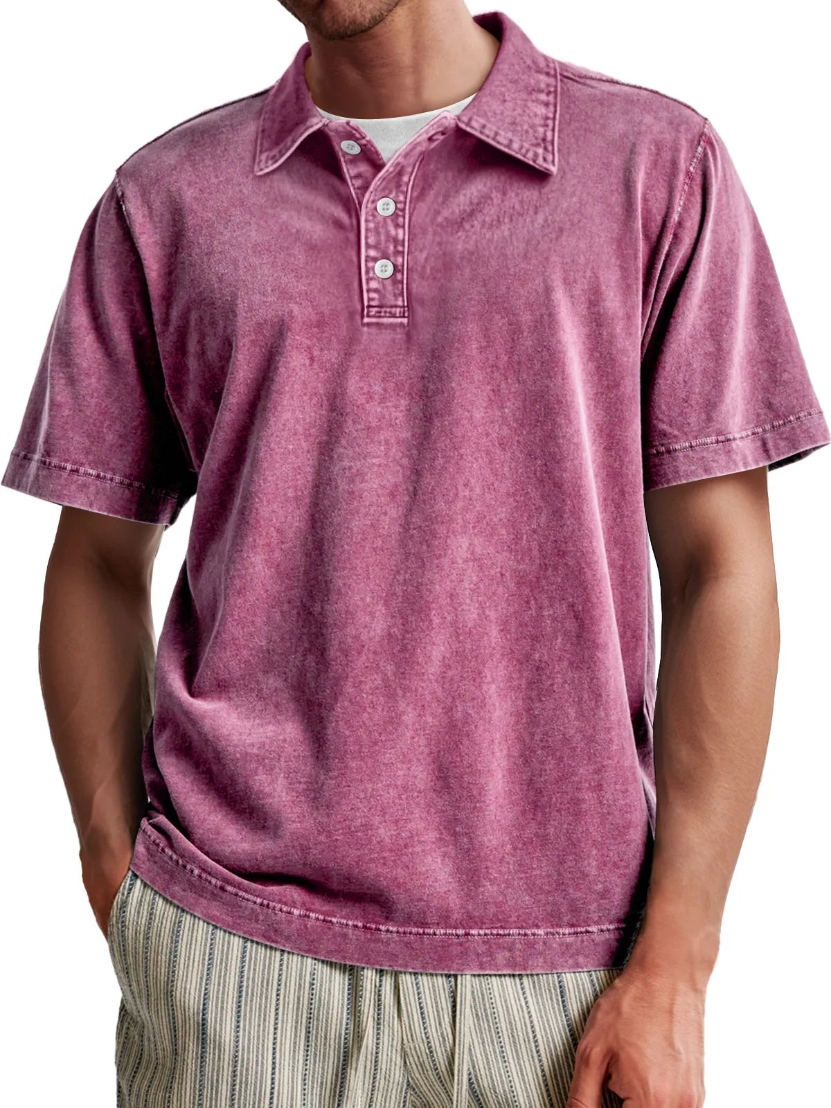 Men's Vintage Washed 100% Cotton Casual Lapel Button Short Sleeve POLO Shirt