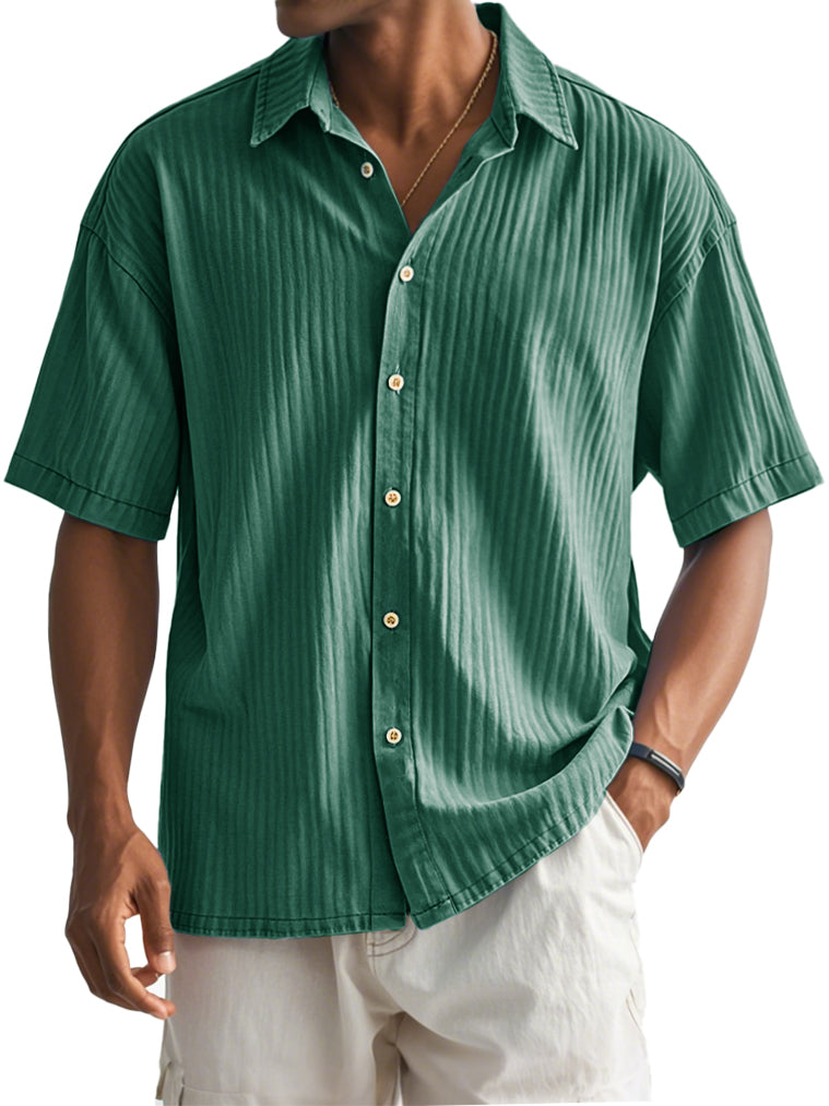 Men's Fashion Casual Ribbed Fabric Short-sleeved Lapel Shirt