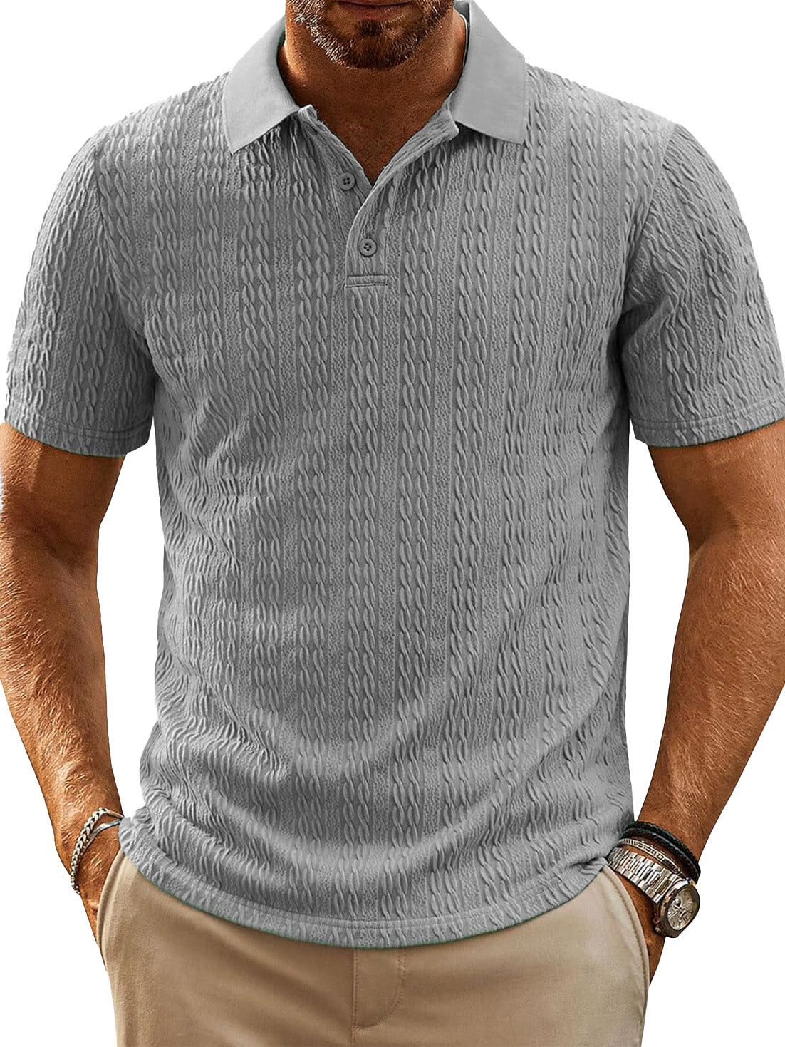 Men's Fashion Everyday Jacquard Fabric Short-sleeved Lapel Pocket Polo Shirt