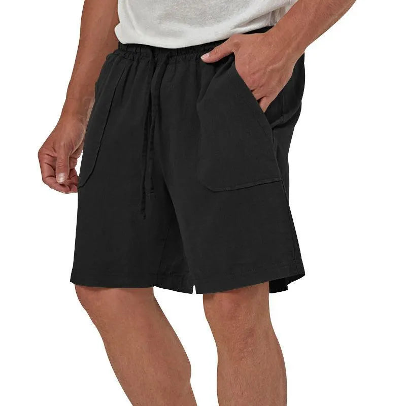 Men's Linen Casual Vacation Double Pocket Drawstring Elastic Waist Shorts Cropped Pants