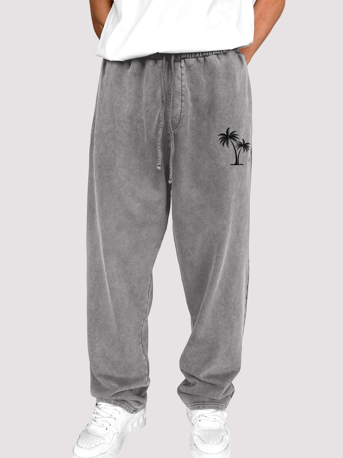 Men's Dyed Vintage Coconut Tree Printed Holiday Casual Elastic Waist Drawstring Trousers