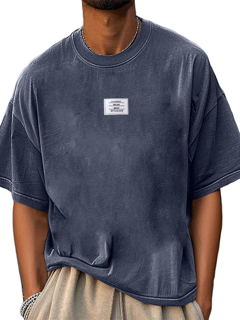 Men's Fashion Pure Cotton Washed Distressed Retro Simple Casual Short-sleeved T-shirt