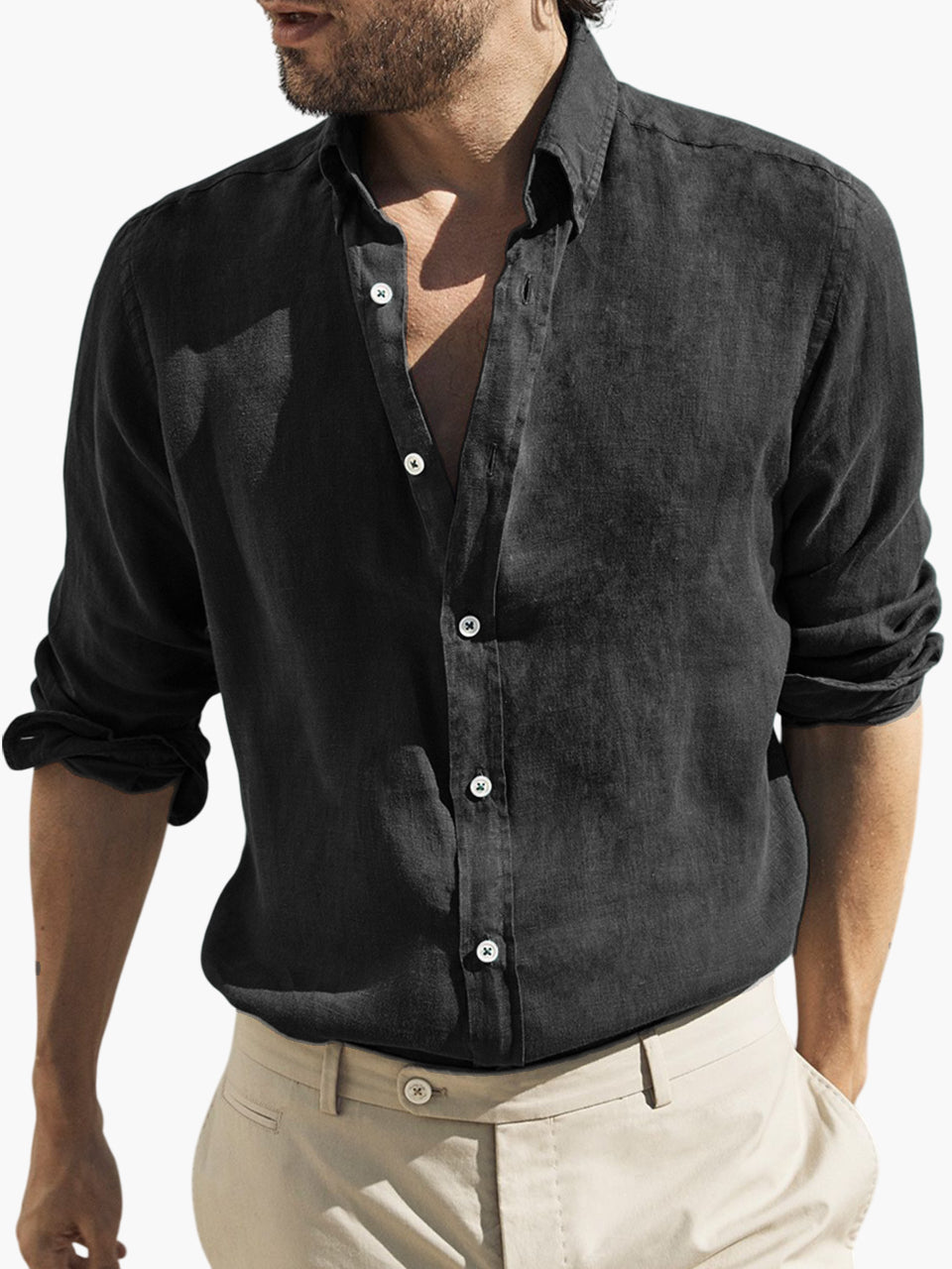 Men's Vintage Cotton Distressed Basic Washed Loose Long Sleeve Button Lapel Everyday Shirt