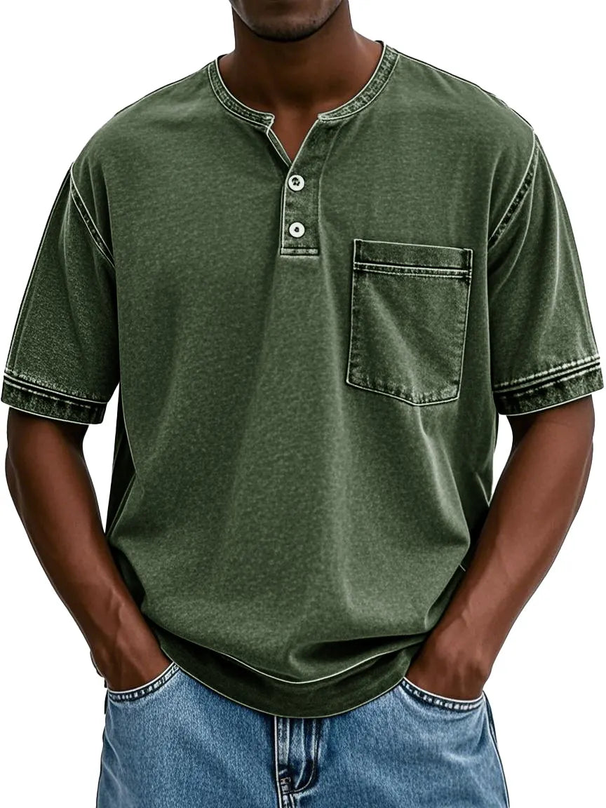 Men's Fashion Vintage Washed Pocket Short Sleeve Henley Shirt