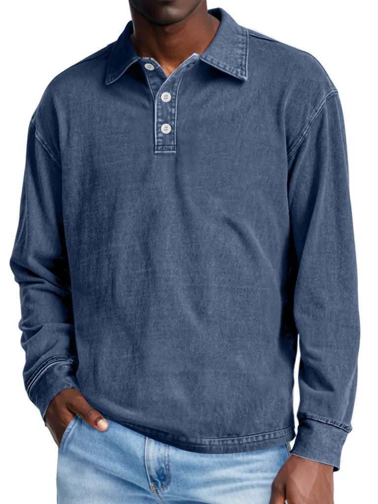 Men's Retro Distressed Lapel Button Casual Solid Color POLO Shirt