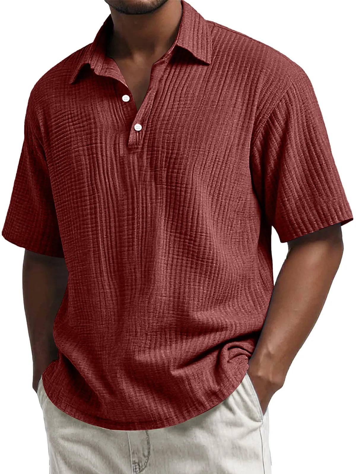 Men's Daily Pleated Texture Lapel Button Casual Short Sleeve POLO Shirt