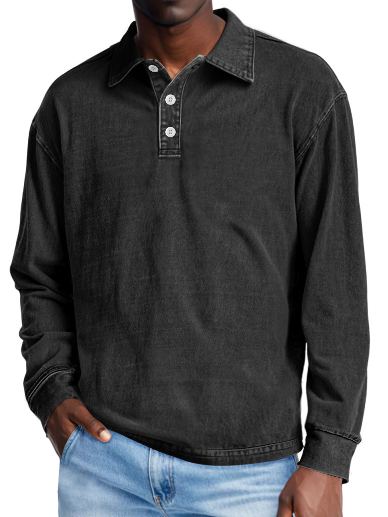 Men's Retro Distressed Lapel Button Casual Solid Color POLO Shirt