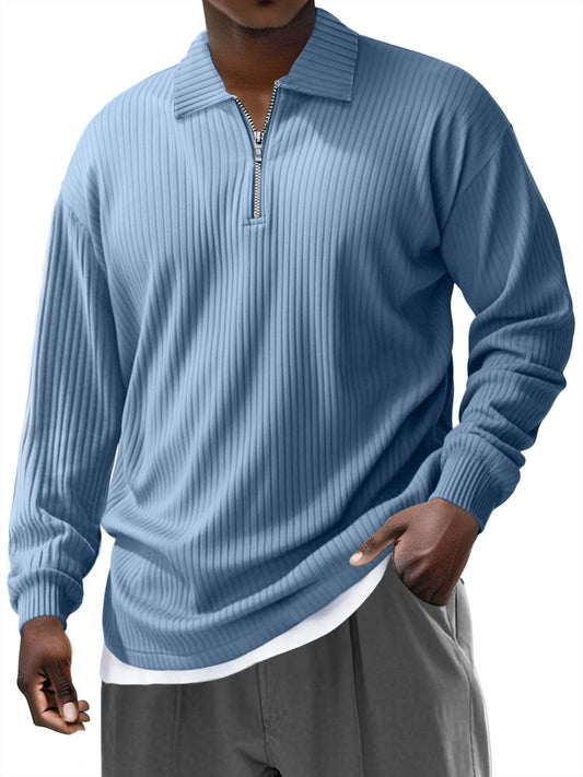 Men's Pit Zipper Lapel Solid Color Long-sleeved Polo Shirt